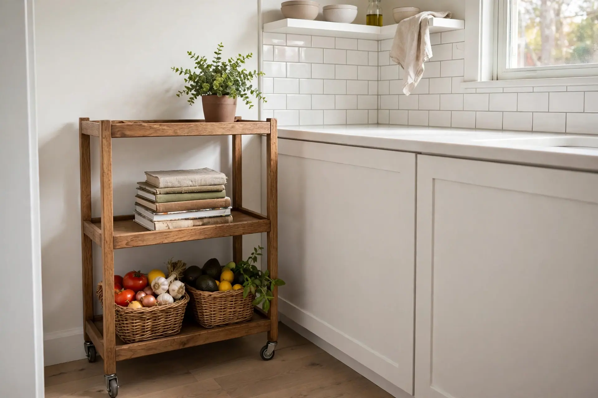Rolling kitchen cart with storage baskets beside a small kitchen counter