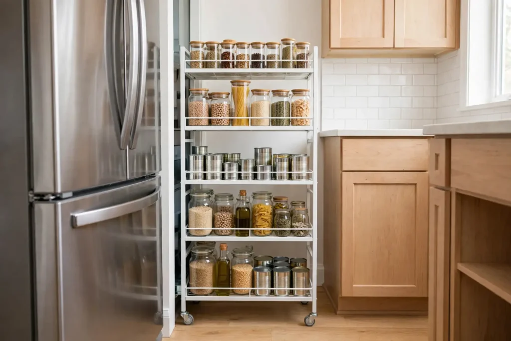 Slim rolling pantry cart with canned goods in the gap beside a refrigerator