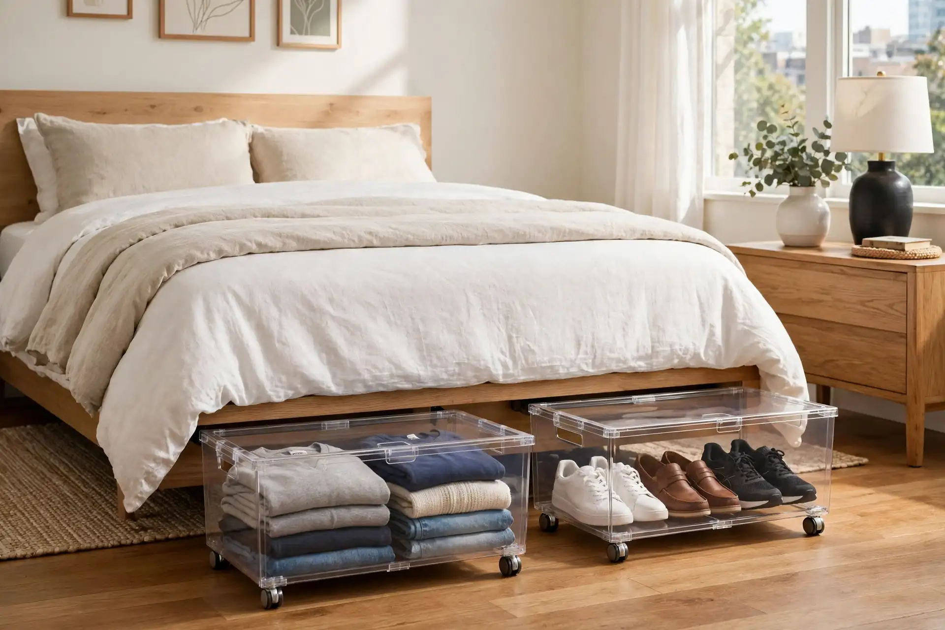 Two low rolling under-bed bins on swivel wheels pulled out from under a bed