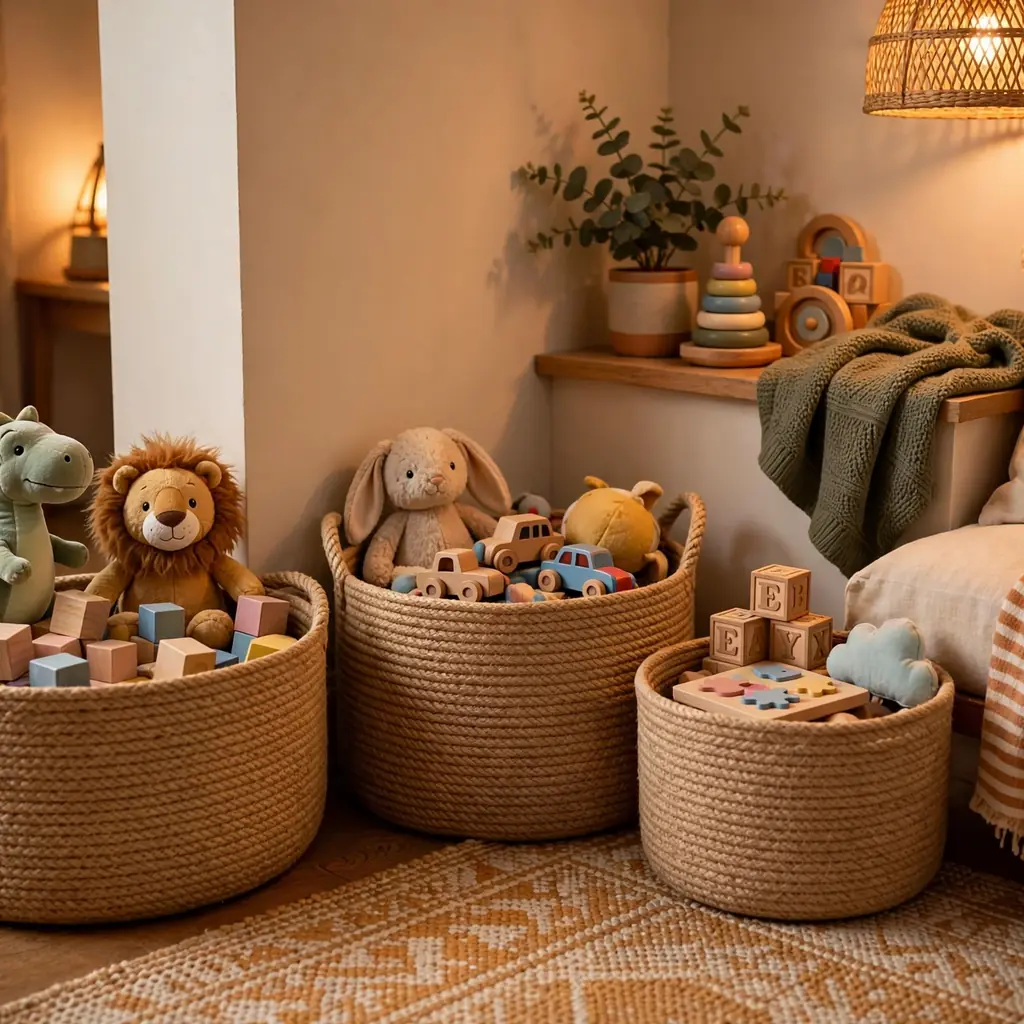 Rope storage baskets holding kids toys in a playroom corner