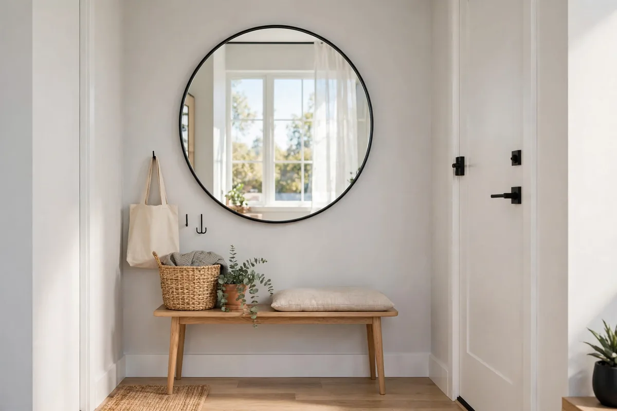 Large round mirror above an entryway bench reflecting light