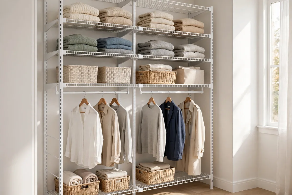 Premium white wire closet system with adjustable shelves and telescoping rods.