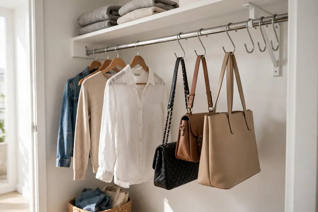 Metal S-hooks on the end of a closet rod holding handbags by their straps.