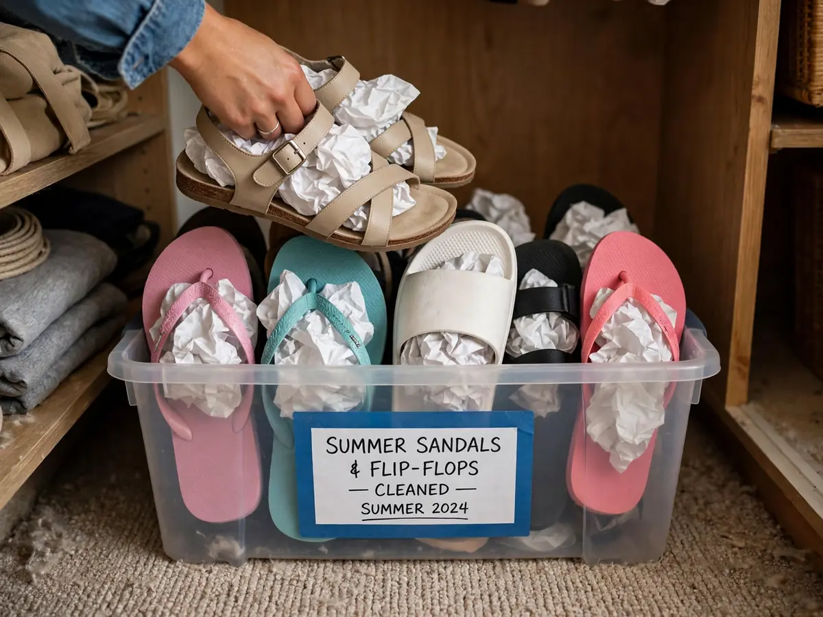 Cleaned summer sandals stuffed with tissue in a storage bin