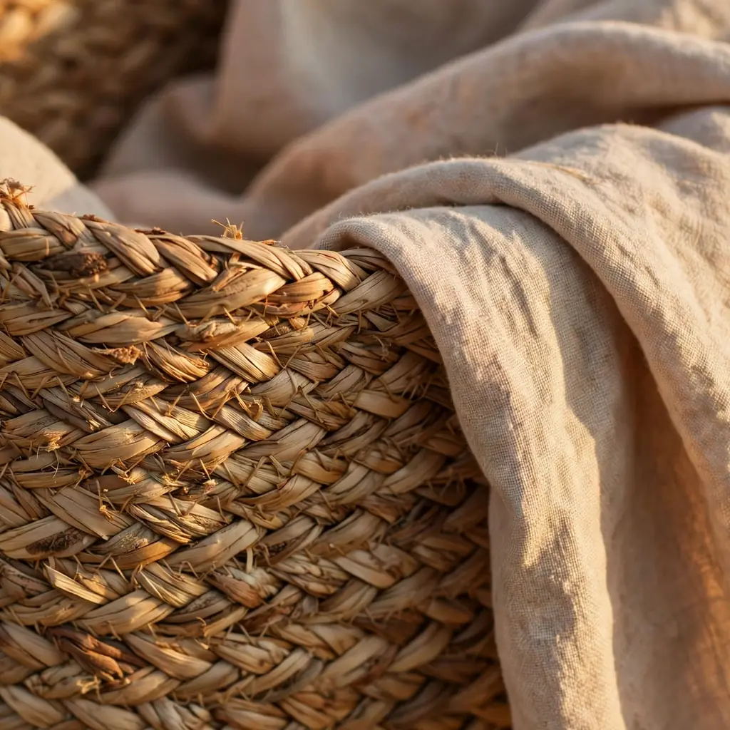 Close-up of woven seagrass basket texture with a soft fabric liner