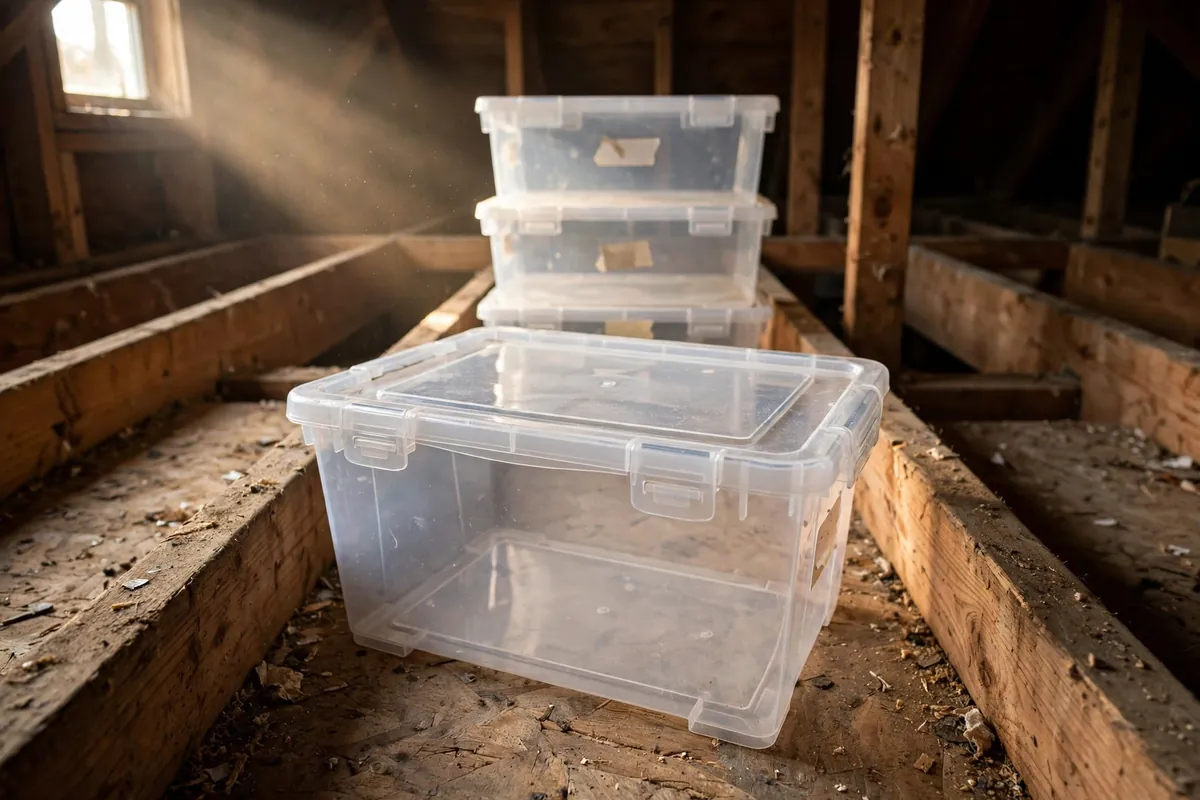 Clear sealed plastic tote with a snap-on lid on attic plywood decking.