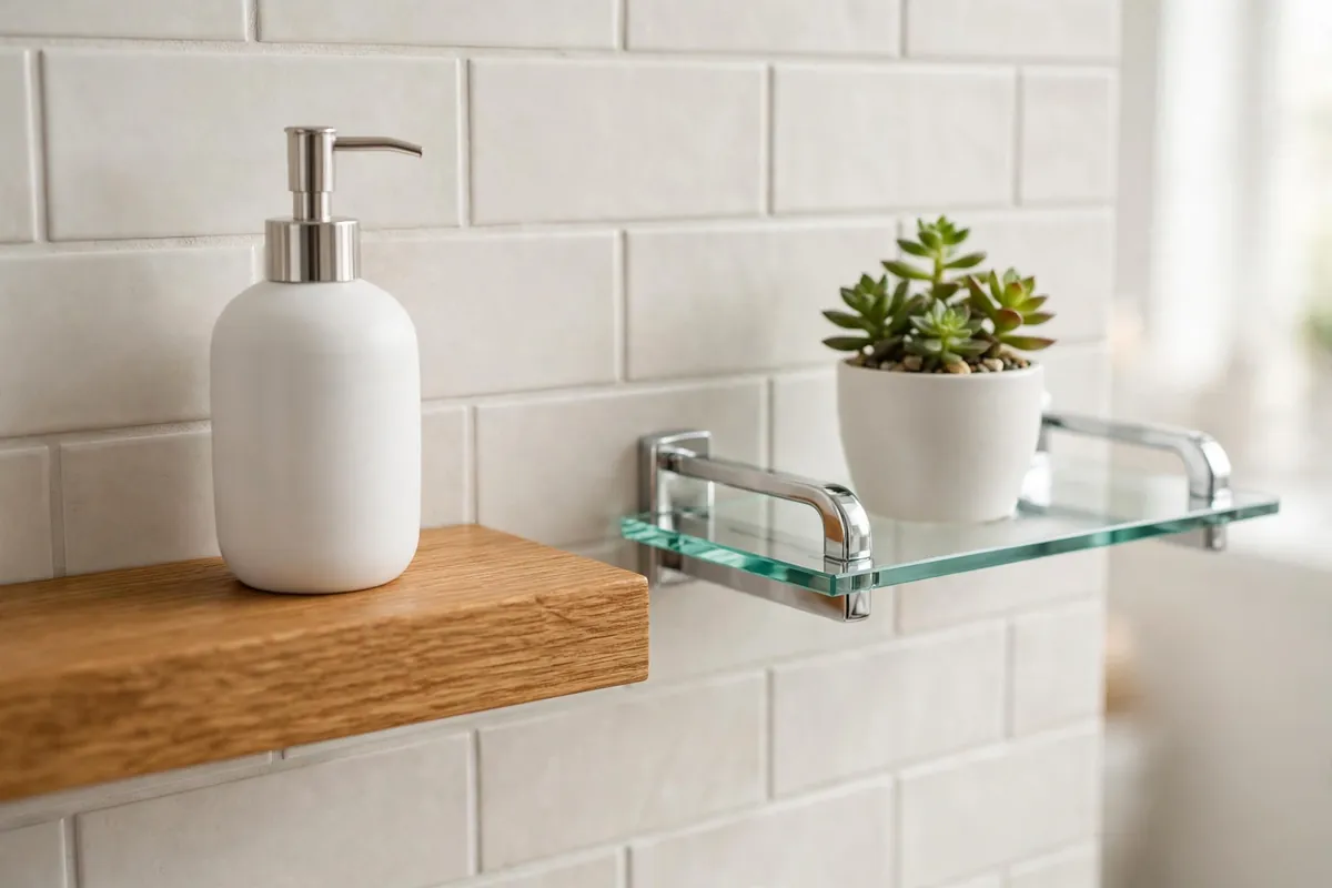 Side-by-side comparison of a sealed wooden bathroom shelf and a tempered glass shelf in a small bright bathroom