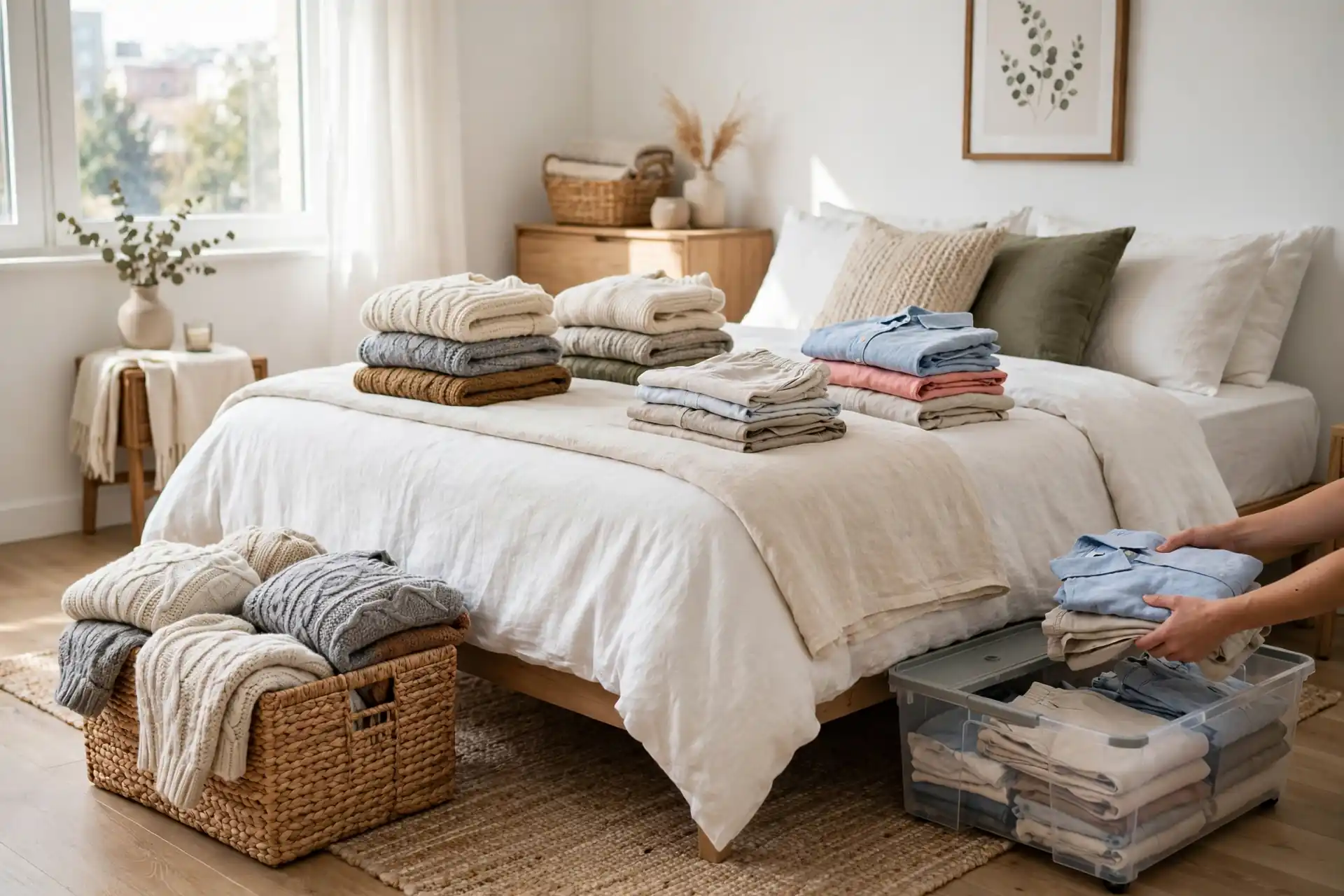 Folded summer clothes going into a labeled under-bed bin during a seasonal swap