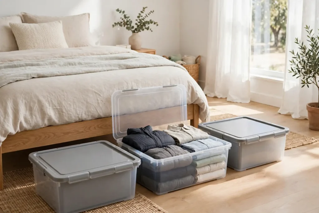 Bins of seasonal clothes being rotated for under bed storage