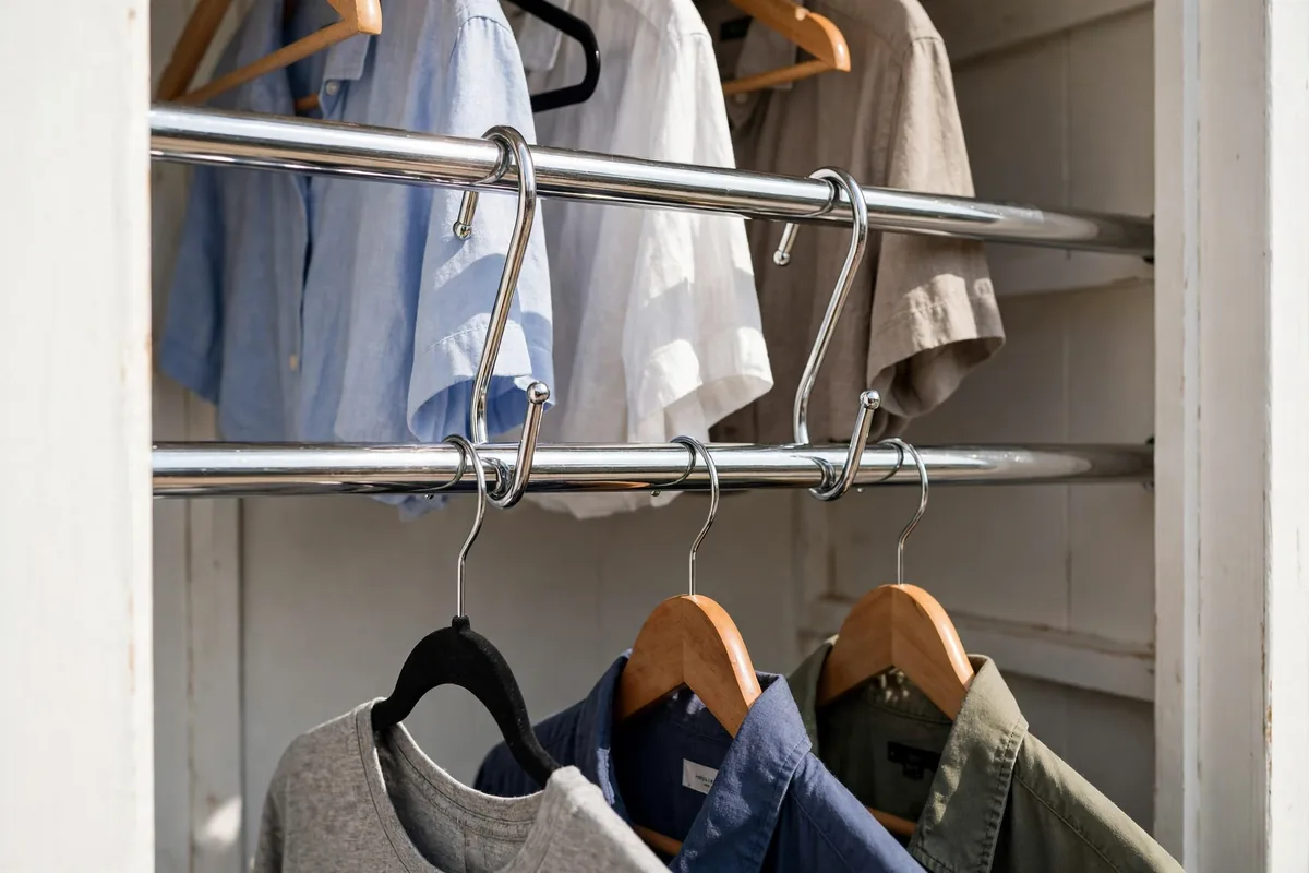 Close-up of a chrome second hanging rod hooked over a main closet rod.
