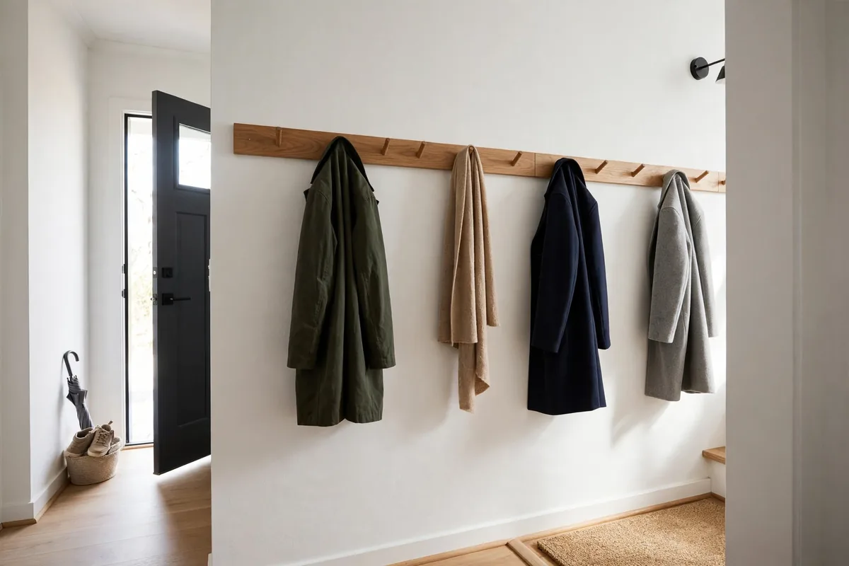 Wooden shaker peg rail holding coats at alternating heights in a narrow entryway