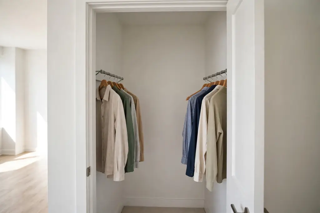 A narrow shallow closet with clothes hanging front-to-back on short side rods, hangers facing the door.