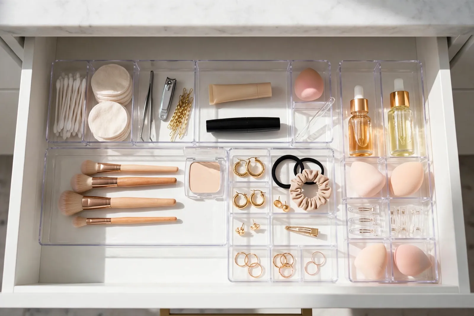 Shallow bathroom drawer with slim flat organizer trays.