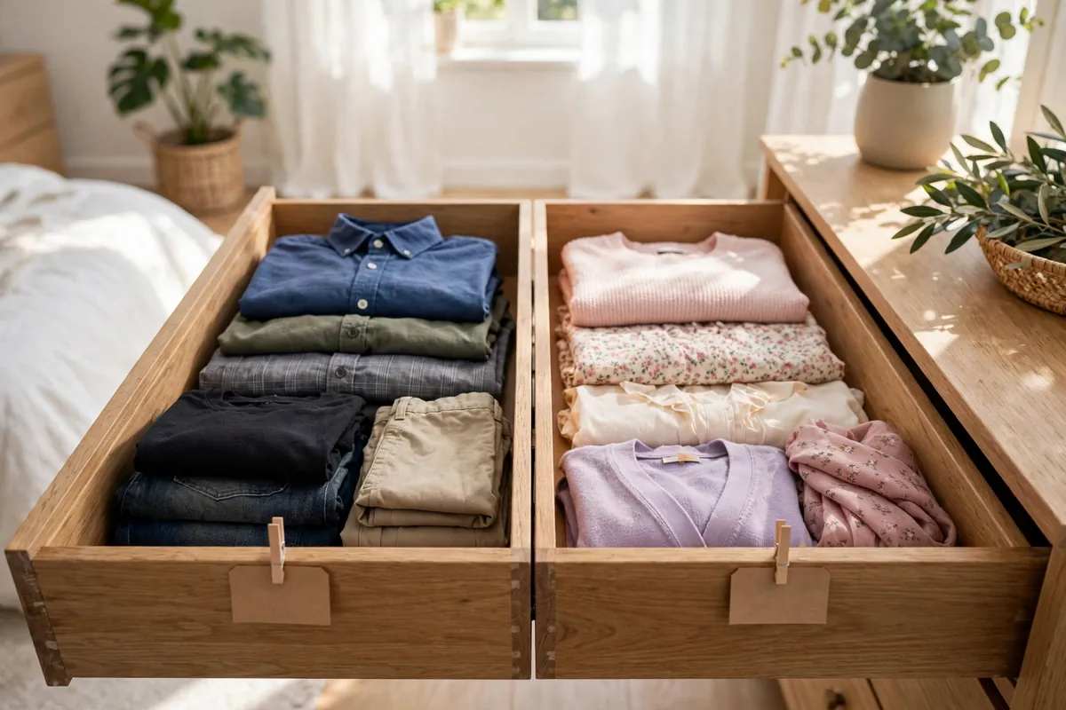 Dresser drawer split into two labeled zones for a couple sharing one dresser