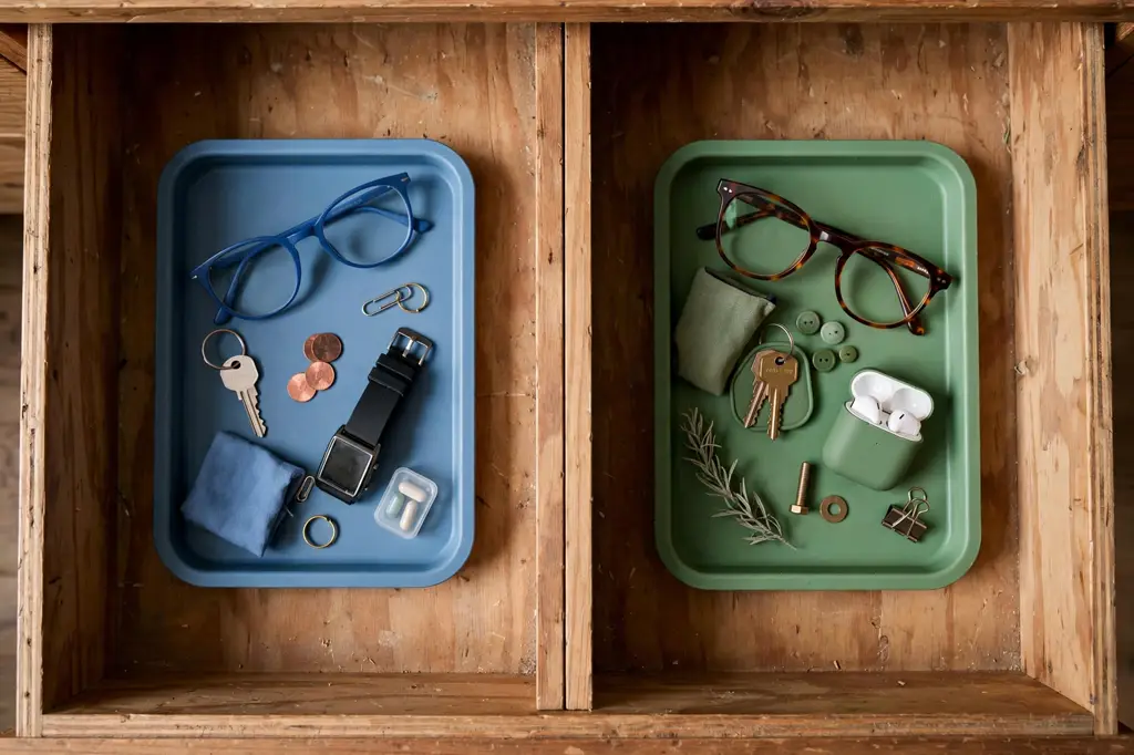 Nightstand drawer split into two sides with blue and green trays