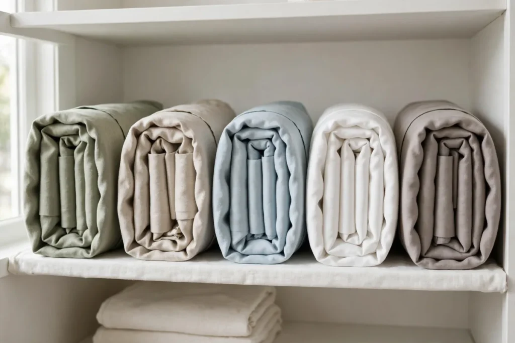 Folded sheet sets bundled inside matching pillowcases on a closet shelf
