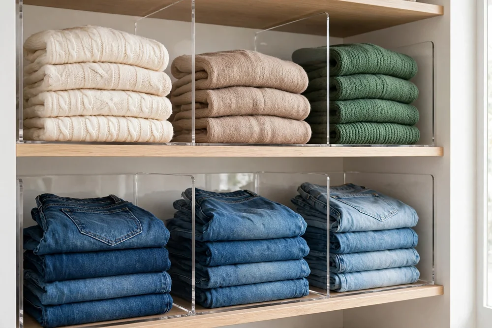 Acrylic shelf dividers keeping folded sweater stacks neat on a closet shelf