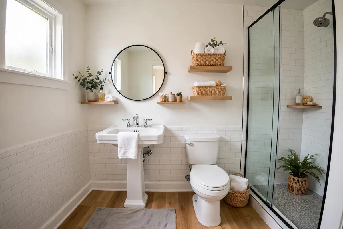 Small bathroom showing shelf placement zones above the toilet, beside the mirror, and in the shower corner
