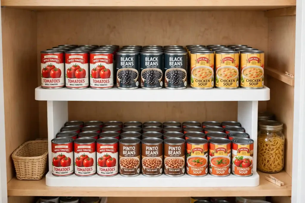 Tiered shelf riser creating two levels of canned goods on a pantry shelf