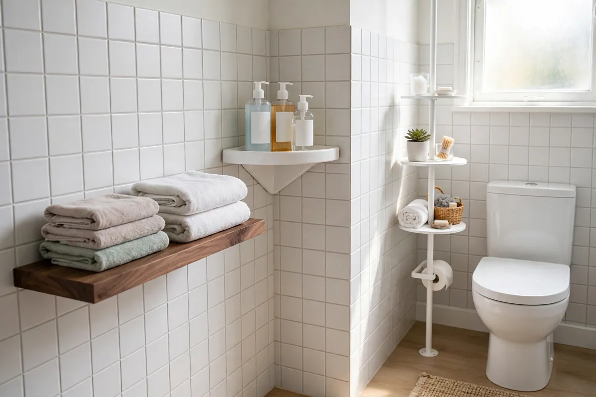 A small bathroom wall showing a floating wood shelf, a corner triangle shelf, and a tension-pole shelf unit side by side