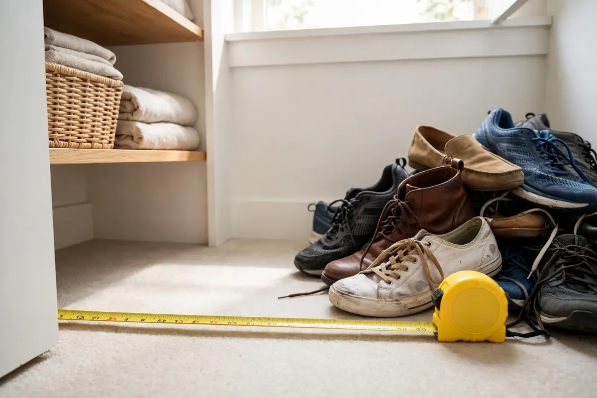 Tape measure across a small closet floor next to a pile of shoes, showing how to measure closet space for shoe storage