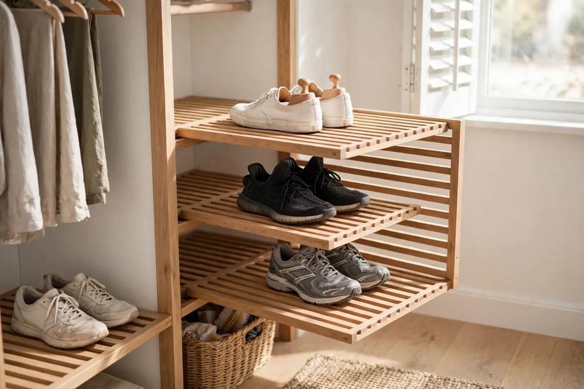 Open slatted shoe shelf with sneakers airing out and cedar shoe trees in one pair