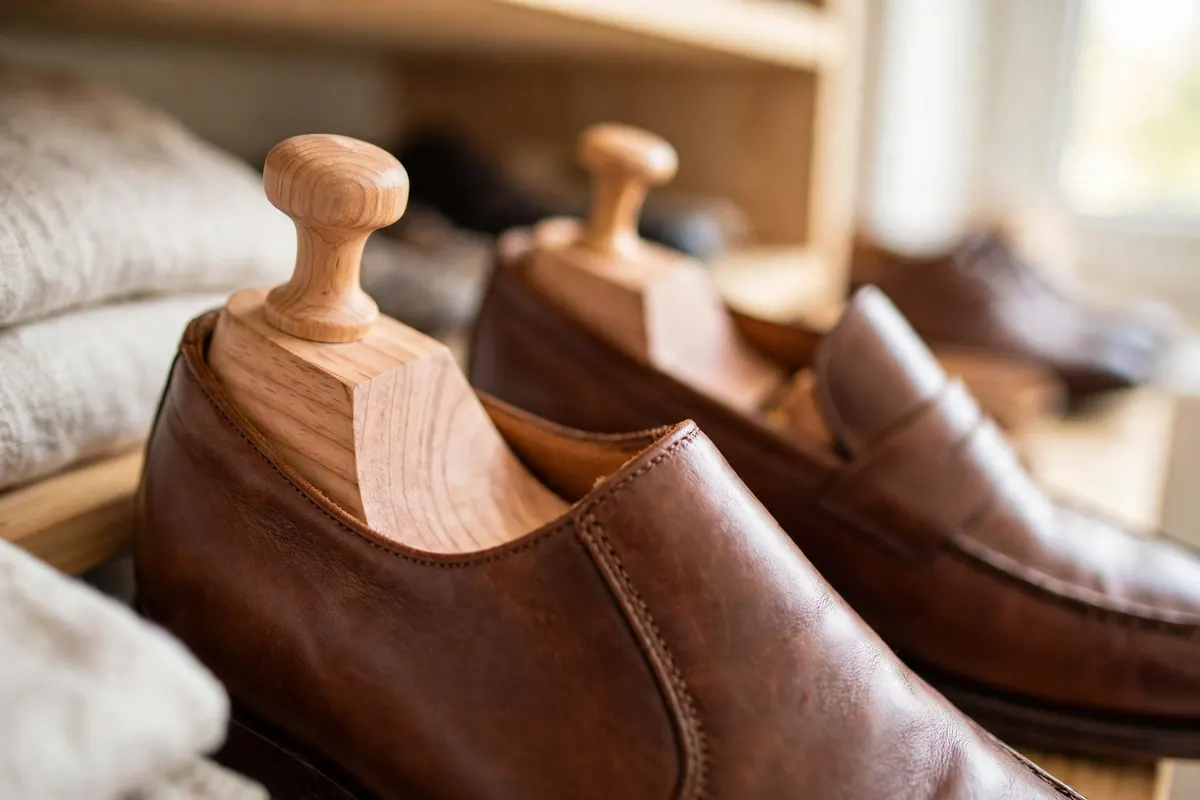 Cedar shoe trees inside leather shoes on a closet shelf