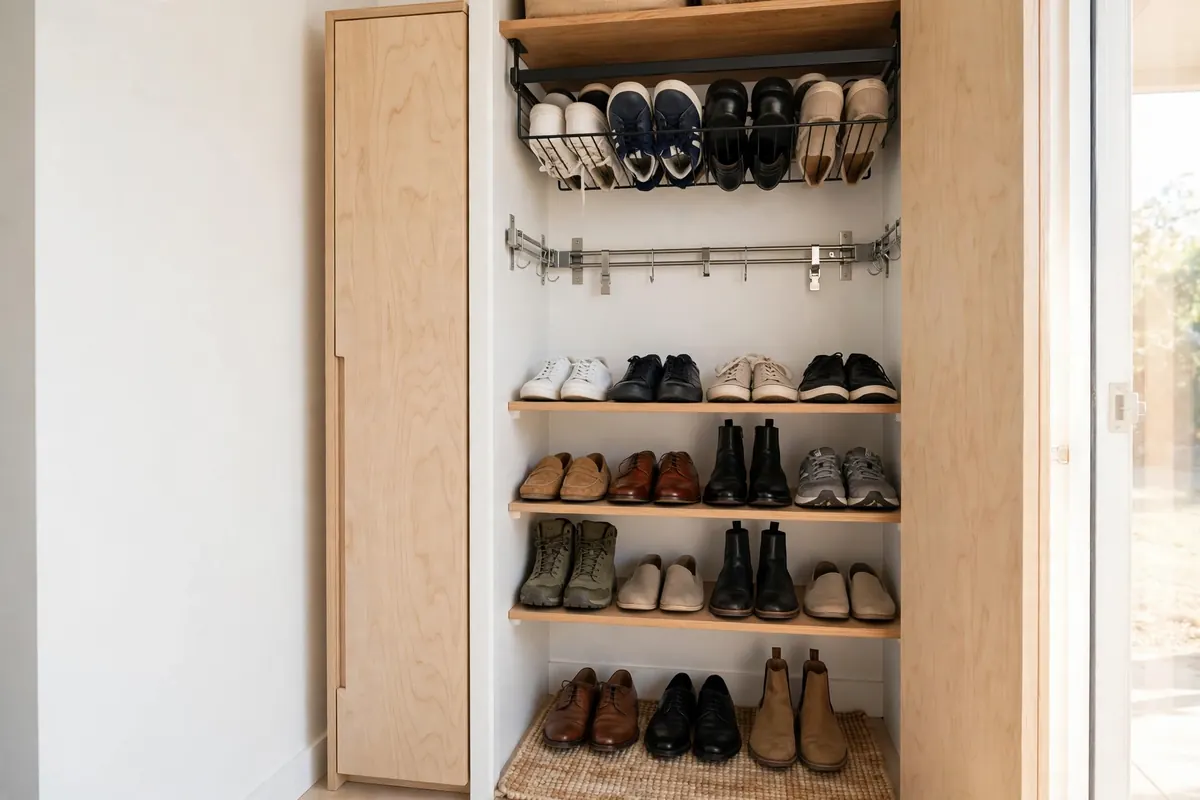 Finished shoe storage for small closets with a slim tilt cabinet, wall rails, and an under-shelf rack holding every pair
