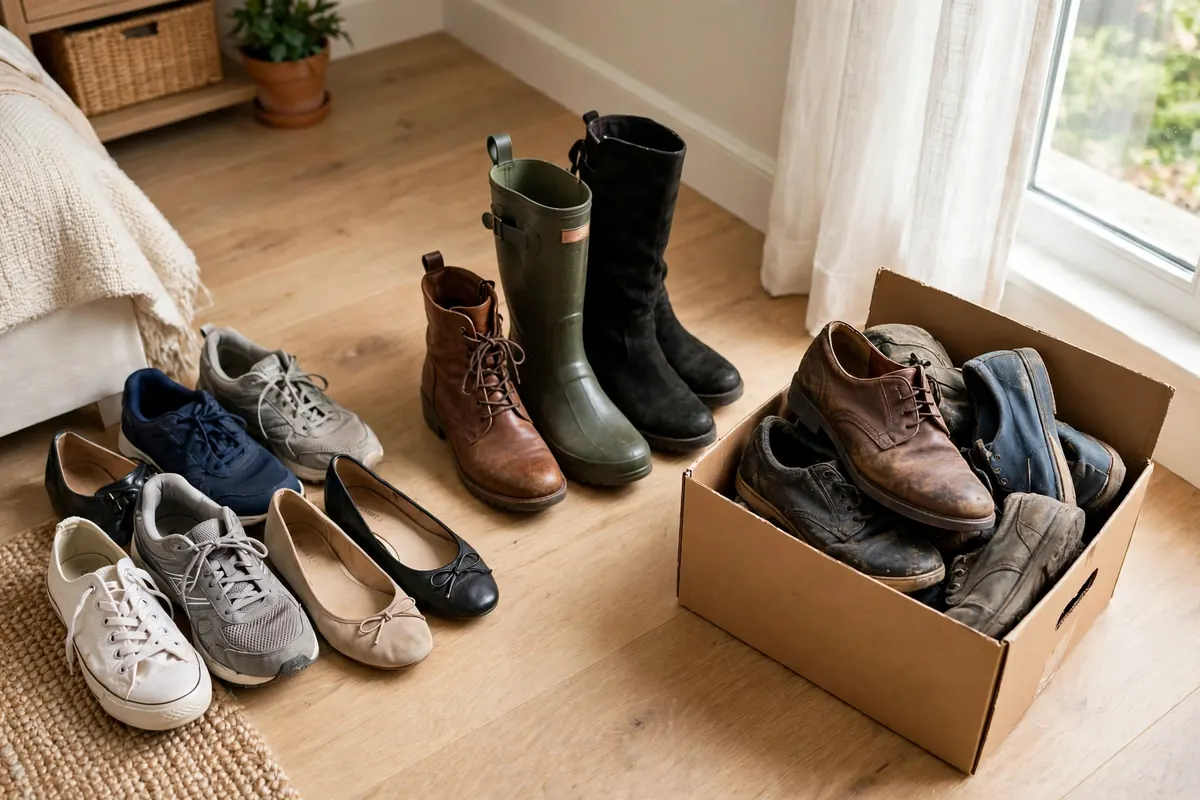Shoes sorted into three groups on a bedroom floor: daily pairs, seasonal pairs, and a donation box