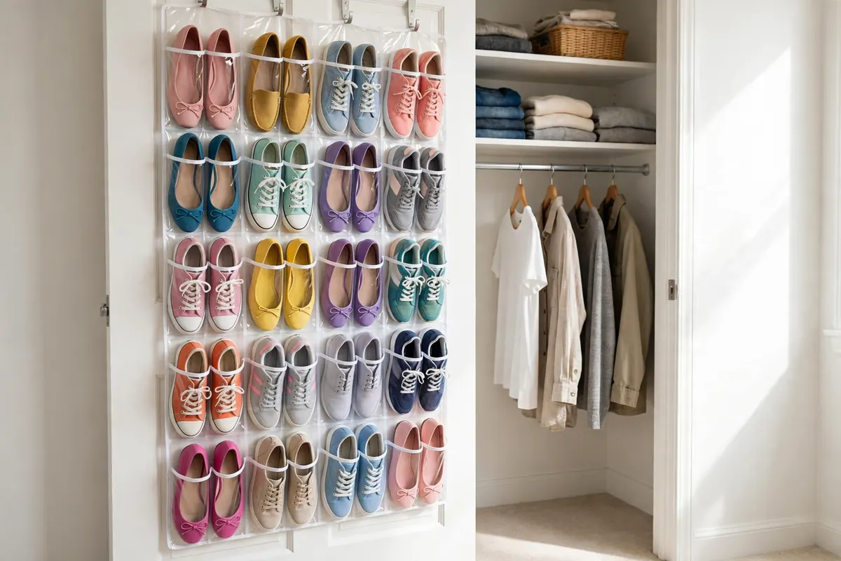 Shoe storage for small closets: clear over-the-door pocket organizer filled with colorful flats and sneakers on a white closet door