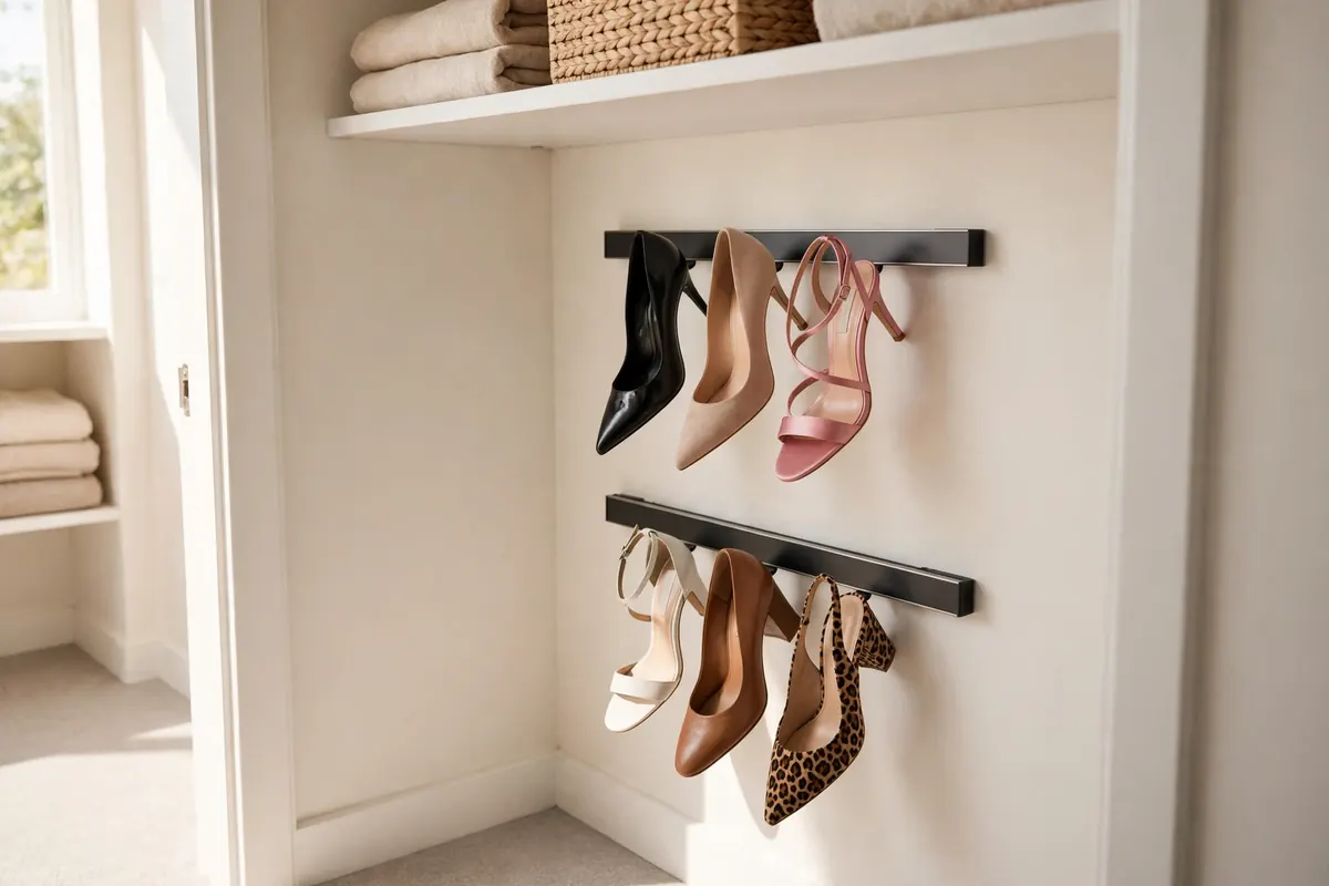 Wall-mounted shoe rails holding heels at an angle inside a small closet, a no-drill-friendly look