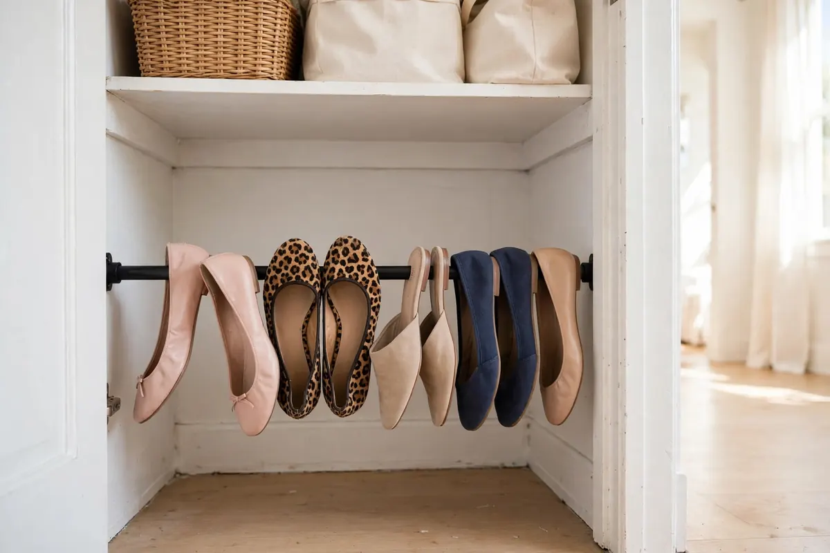 Tension rod installed low in a small closet with flat shoes draped over it heel to toe