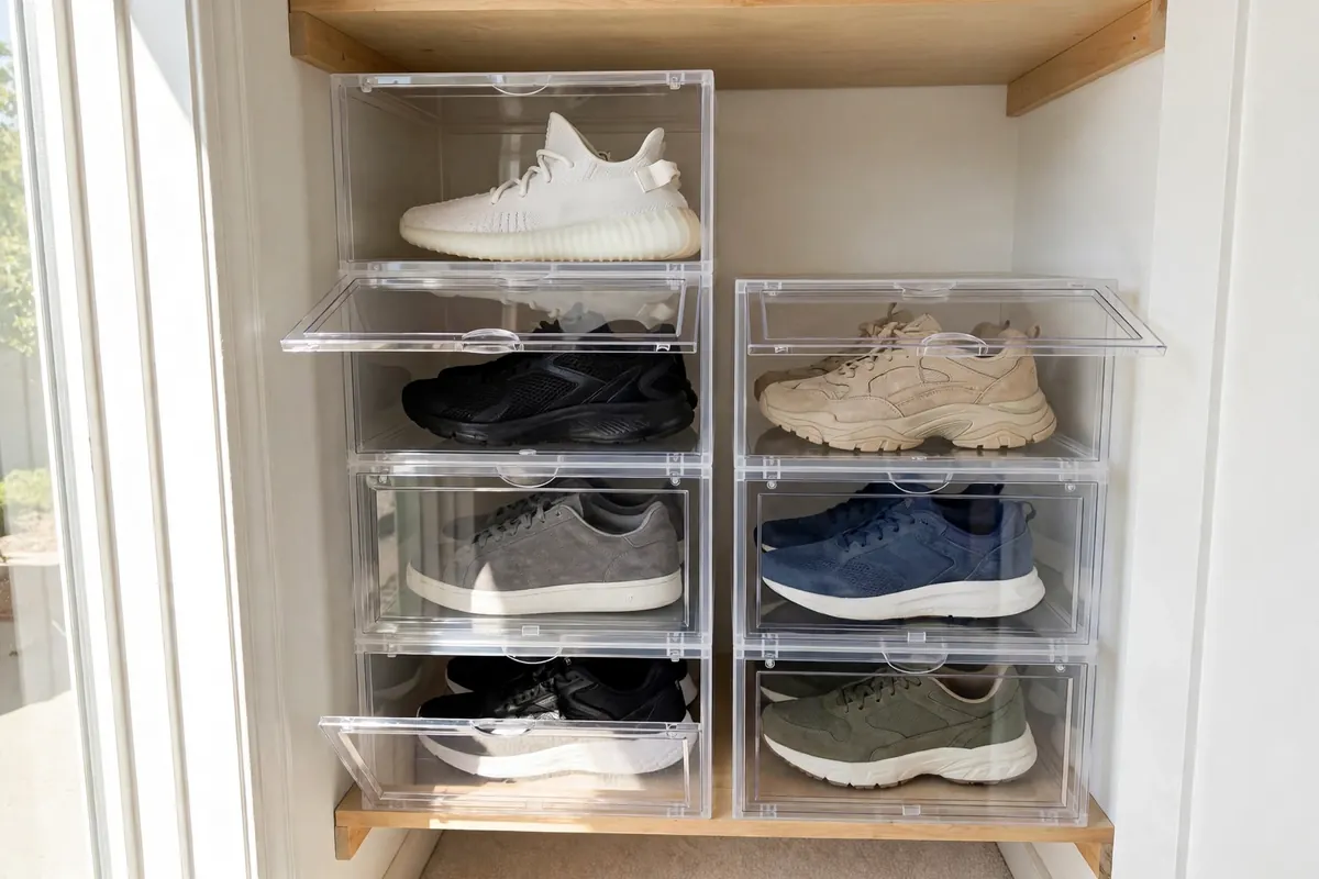 Stack of clear drop-front shoe boxes with sneakers visible inside a small closet