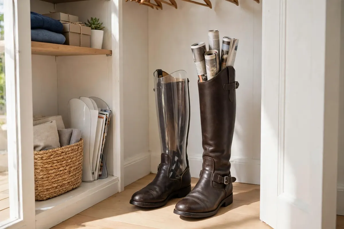 Tall boots standing upright with boot shaper inserts in a small closet corner