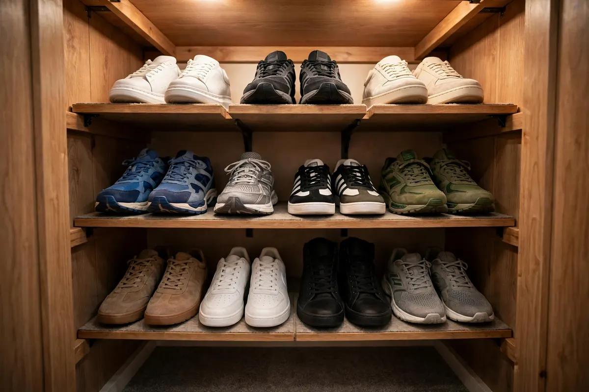 Sneaker collection displayed on open wall shelves at eye level inside a small closet