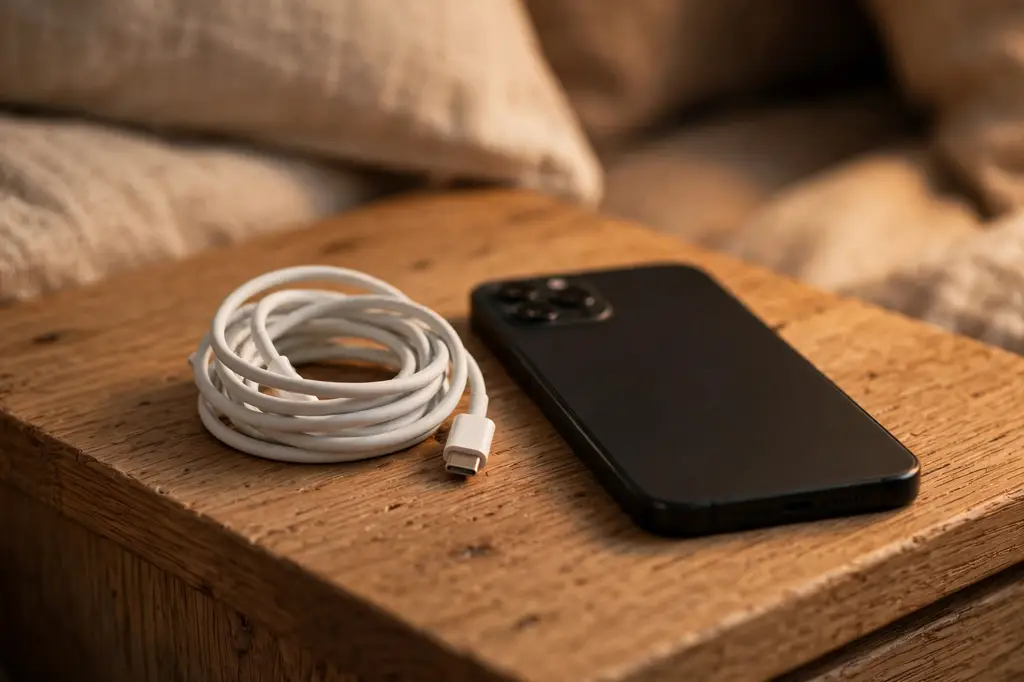 Short coiled charging cable next to a phone on a nightstand
