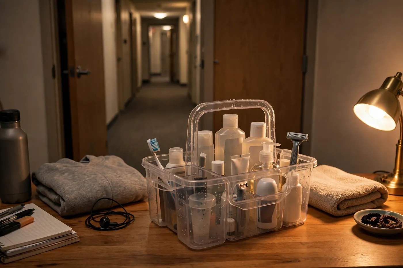 Portable shower caddy with toiletries for a shared dorm bathroom