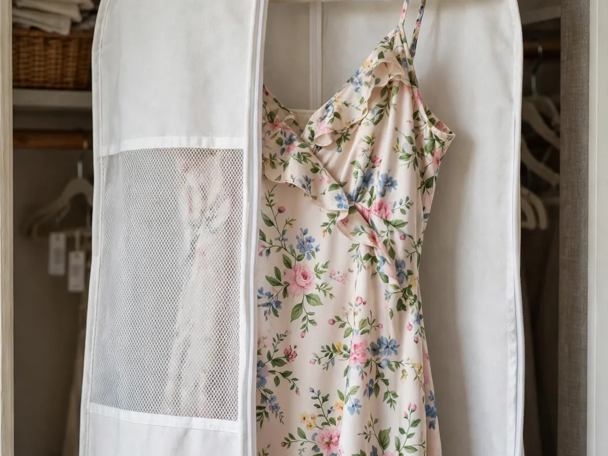 Silk summer dress on a padded hanger inside a breathable cotton garment bag