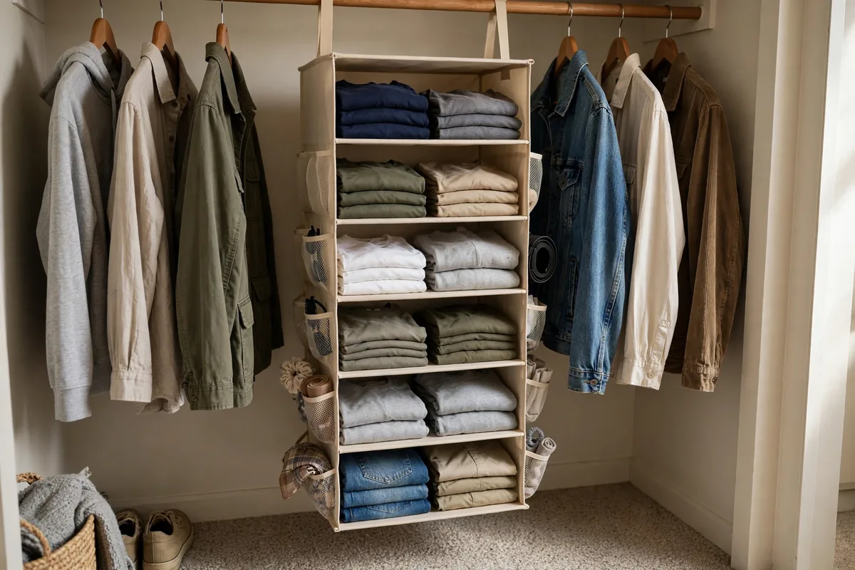 Narrow 6-shelf hanging closet organizer with folded t-shirts in a small apartment closet.