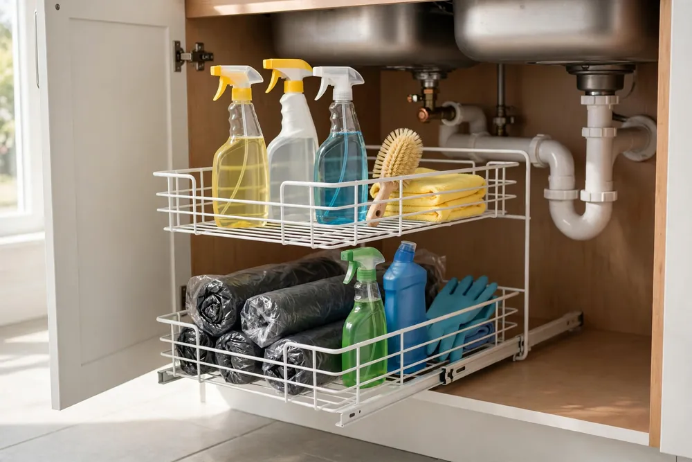 SimpleHouseware white wire basket two-tier sliding drawer organizer under a kitchen sink