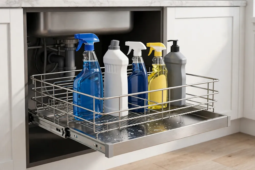 simplehuman stainless steel pull-out cabinet organizer drawer sliding out under a kitchen sink