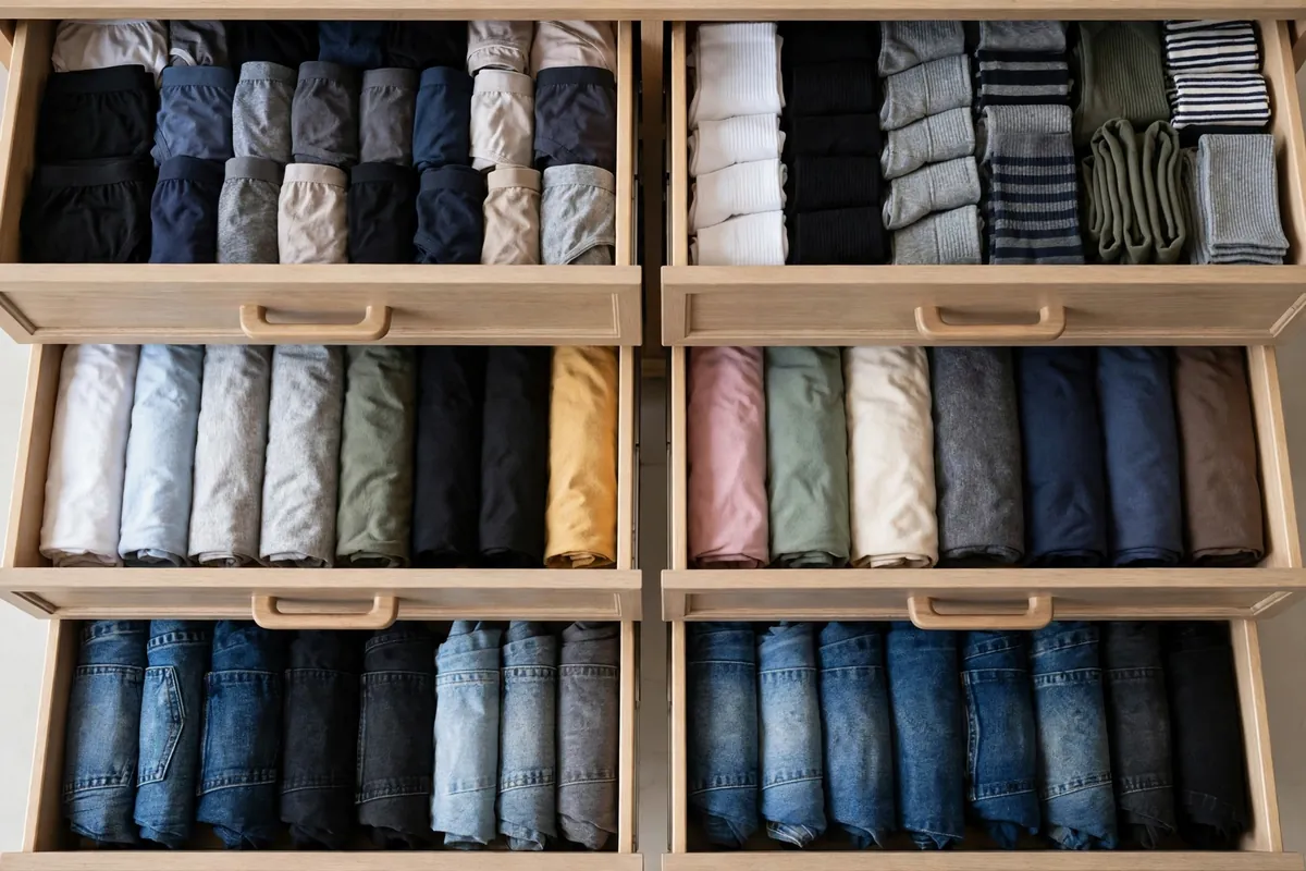 Labeled drawer map showing what to store in each drawer of a six-drawer dresser
