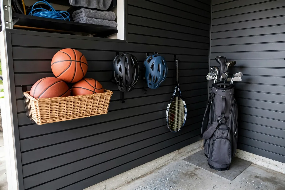 Slatwall panels in a garage organizing sports gear, helmets, and a golf bag