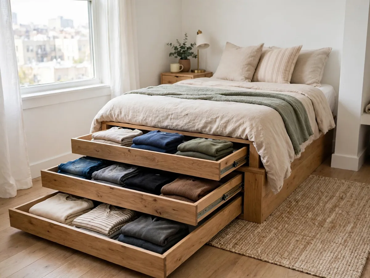 Storage bed with pull-out drawers holding folded clothes in a small studio bedroom