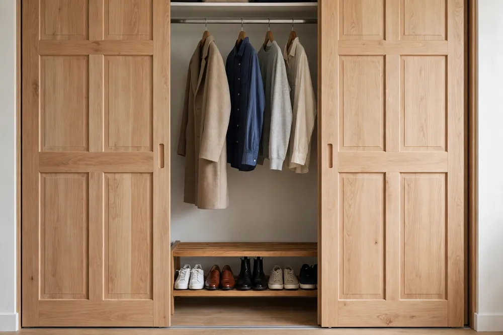 Sliding-door closet with a low shoe rack under hanging clothes