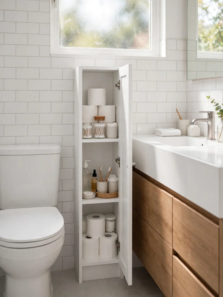 Slim bathroom storage cabinet fitting between toilet and vanity in a small bathroom