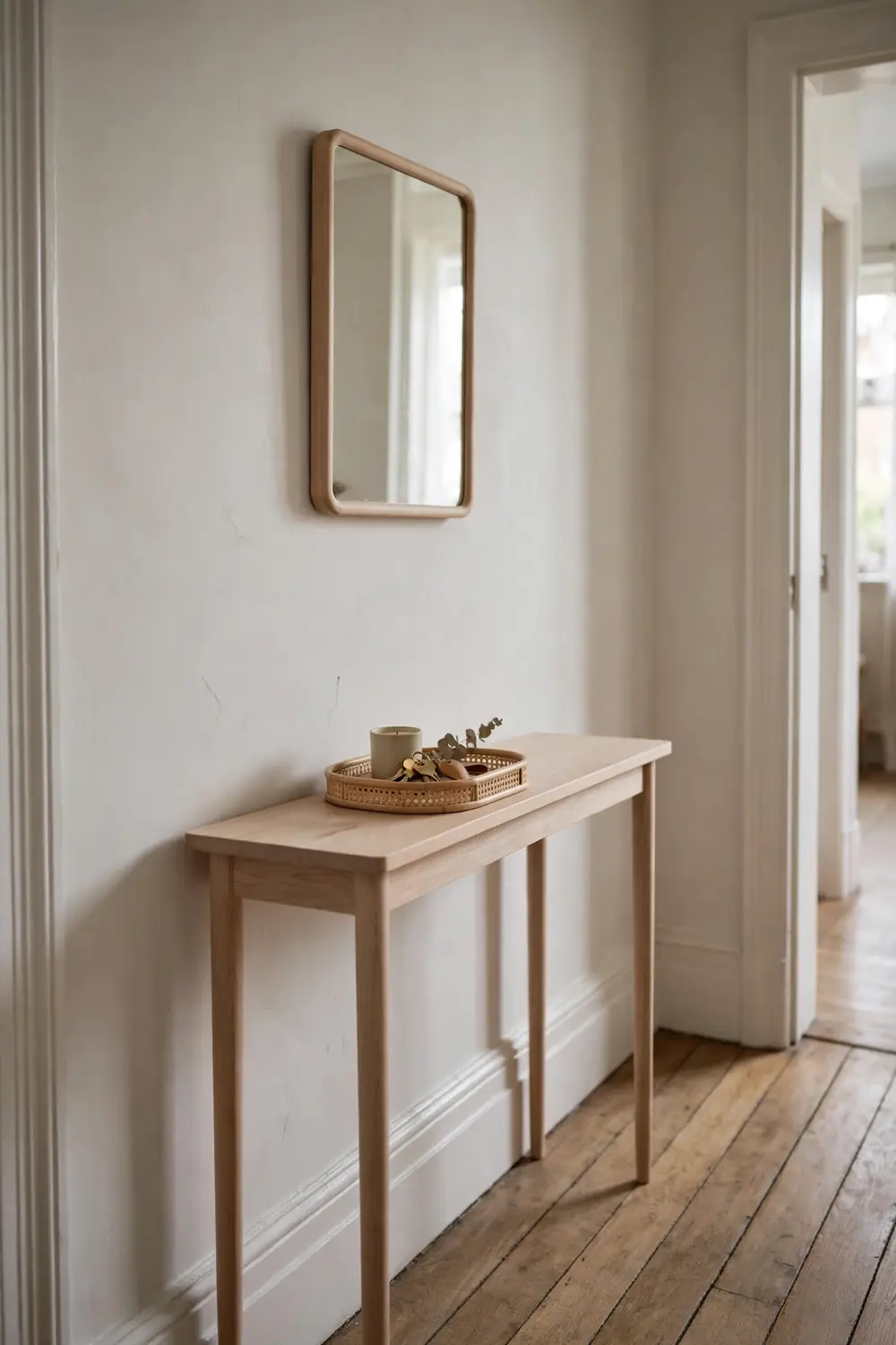 Slim 12 inch deep console table against a hallway wall with a key tray