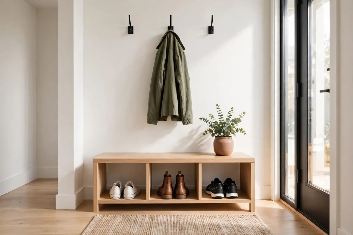 Slim entryway bench with open shoe cubbies and wall hooks above