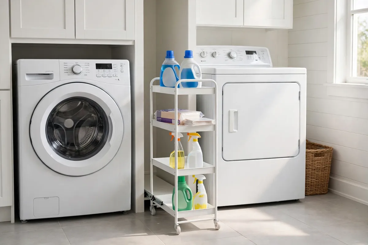Slim rolling storage cart pulled out from between a washer and dryer holding laundry supplies