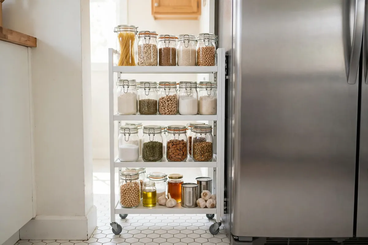 Slim rolling cart filled with pantry jars in the narrow gap between fridge and wall